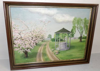 Framed Oil on Canvas Spring Gazebo Scene Artist Signed in Walnut Shadowbox Frame