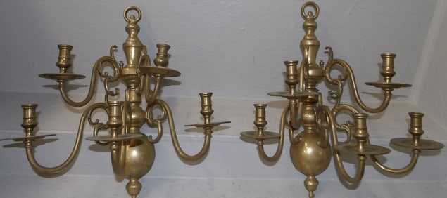 Pair of Heavy Cast Brass Five Arm Candle Sconces