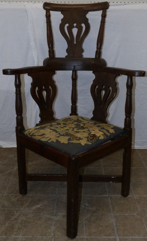 19th Century Elmwood Corner Chair with Needlepoint Seat: 19th Century Elmwood Corner Chair with Needlepoint Seat. 43" H "ALL DESCRIPTIONS AND ANY CONDITION STATEMENT GIVEN BY LANGSTON AUCTION GALLERY ARE STRICTLY OPINIONS AND LANGSTON'S SHALL HAVE NO RESPON