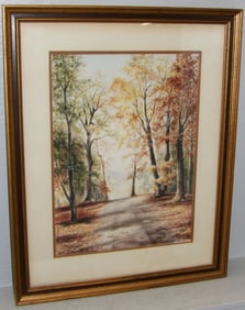 Framed & Matted Watercolor of an Autumn Roadway Artist Signed