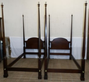 Pair of Mahogany Pencil Post Twin Beds with Bolts & Rails