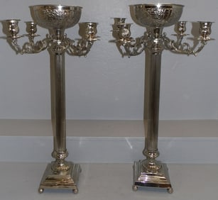Pair of Tall Silver Plated Four Light Buffet Candelabras