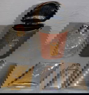 Lot of Glass & Metal Flasks, Lighter, & Brass Box: Lot of Glass & Metal Flasks, Lighter, & Brass Box. Up to 9" H "ALL DESCRIPTIONS AND ANY CONDITION STATEMENT GIVEN BY LANGSTON AUCTION GALLERY ARE STRICTLY OPINIONS AND LANGSTON'S SHALL HAVE NO RESPONS