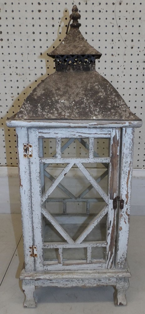 Painted Wood & Metal Lantern Form Showcase: Painted Wood & Metal Lantern Form Showcase. 12 1/4" Dia. 31" H "ALL DESCRIPTIONS AND ANY CONDITION STATEMENT GIVEN BY LANGSTON AUCTION GALLERY ARE STRICTLY OPINIONS AND LANGSTON'S SHALL HAVE NO RESPON