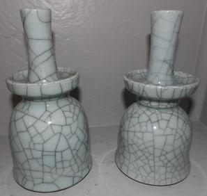 Pair of Celadon Crackleware Candlesticks