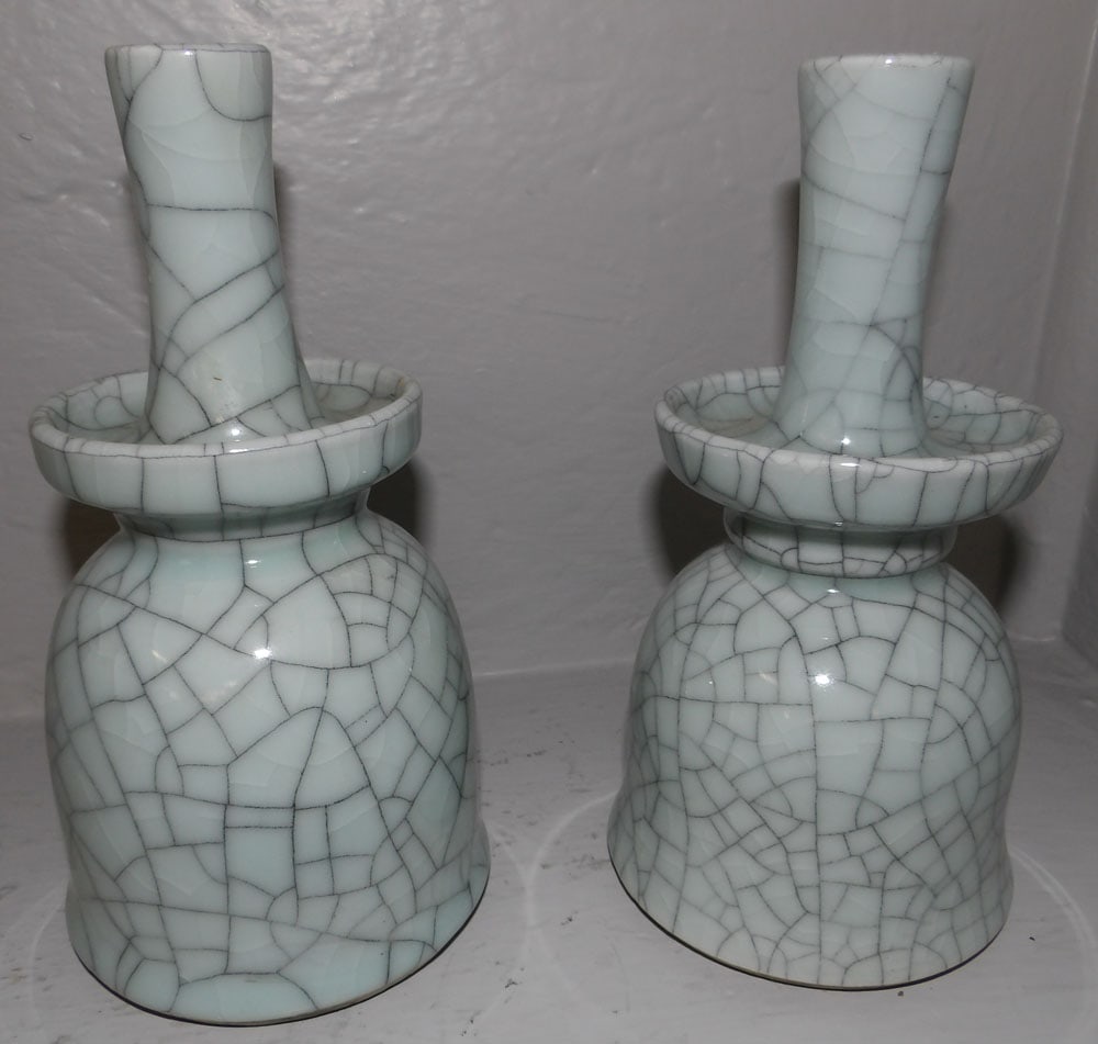 Pair of Celadon Crackleware Candlesticks (1 of 3)