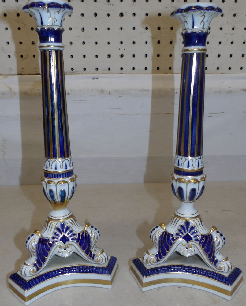 Pair of Painted Porcelain Candlesticks: Pair of Painted Porcelain Candlesticks . 13" H "ALL DESCRIPTIONS AND ANY CONDITION STATEMENT GIVEN BY LANGSTON AUCTION GALLERY ARE STRICTLY OPINIONS AND LANGSTON'S SHALL HAVE NO RESPONSIBILITY FOR ERR