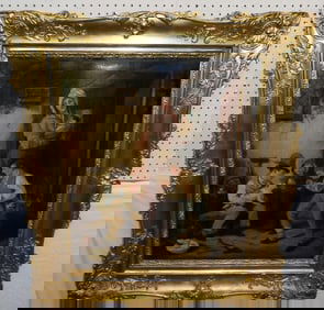 Antique Gilded Frame Oil on Canvas of Family & Animal Scene