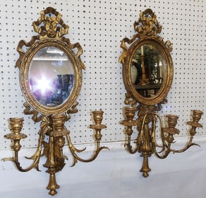 Pair of Gilded Wood & Metal Three Light Mirror Sconces