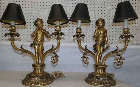 Pair of Gilded Metal Cherub Lamps