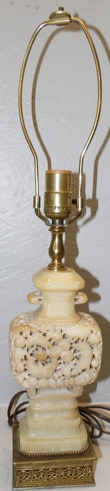 Carved Soapstone Urn Lamp: Carved Soapstone Urn Lamp. 22 1/2" H "ALL DESCRIPTIONS AND ANY CONDITION STATEMENT GIVEN BY LANGSTON AUCTION GALLERY ARE STRICTLY OPINIONS AND LANGSTON'S SHALL HAVE NO RESPONSIBILITY FOR ERRORS OR OMI