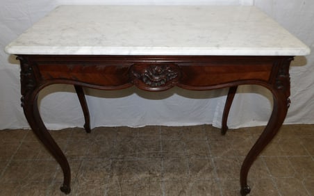 Antique Carved Walnut & Marble Top Console