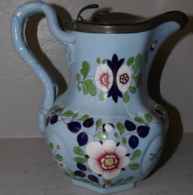 Antique English Painted Porcelain Pewter Top Pitcher