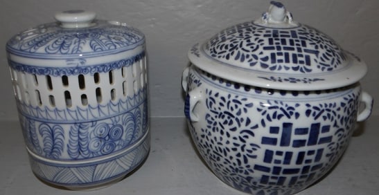 Oriental Porcelain Covered Jar & Candleholder