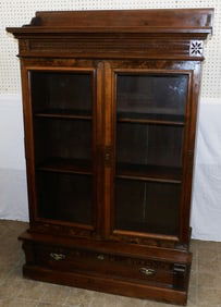 Antique Burl Walnut Victorian Glass Door Bookcase