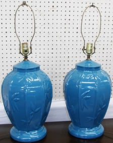 Pair of Mid Century Modern Turquoise Faux Bamboo Motif Ceramic Lamps
