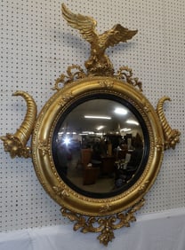 Ornate Gilded Wood Frame Convex Mirror with Eagle Crest & Cornucopia Accents
