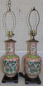 Pair of Oriental Painted Porcelain Vases Made Into Lamps