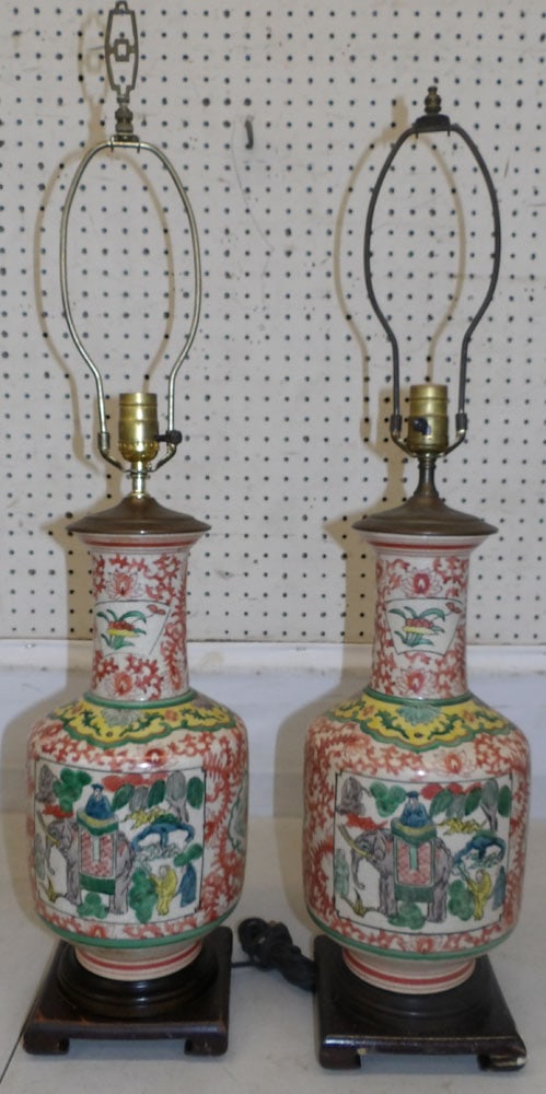 Pair of Oriental Painted Porcelain Vases Made Into Lamps (1 of 4)