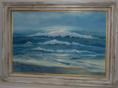 Oil on Canvas of Crashing Waves at Sea Shore Artist Signed