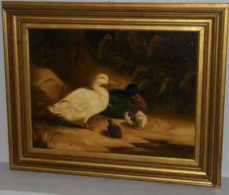 Antique Oil on Canvas of Mallard Duck Family Artist Signed in Gilded Shadowbox Frame