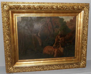 19th Century Oil on Board of Deer in Forest Setting in Original Ornate Gilded Frame