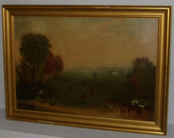 19th Century Oil on Canvas of Country Landscape with Animals & Village Artist Signed