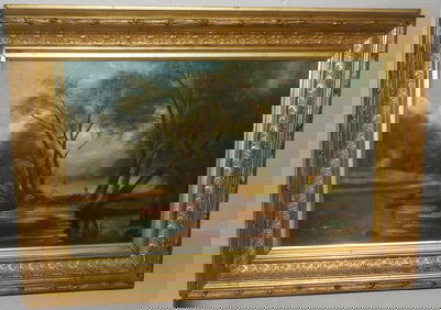 19th Century Oil on Canvas of Fisherman in Canoe in Original Gilded Frame