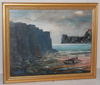 Impressionist Oil on Board Painting of "Cliffs At the Ocean" Signed R.J. Burke 1997