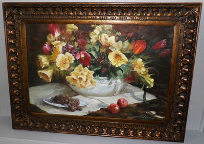 Large Ornate Frame Oil on Canvas Still Life Artist Signed