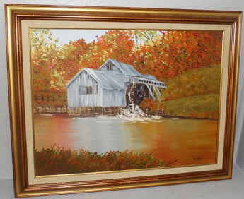 Oil On Canvas of an Autumn Lake Scene Water Mill Artist Signed