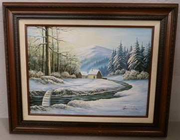 Oil on Canvas of a Country Cottage Mountain Winter Scene Artist Signed