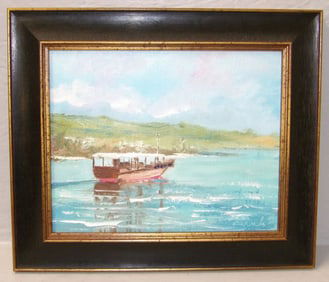 Framed Oil on Canvas Ship Scene Artist Signed