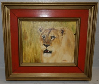 Framed Oil on Canvas of Lioness Artist Signed