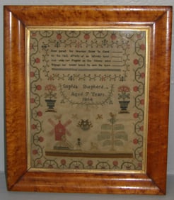 19th Century Needlework Sampler Dated 1814 in Birds Eye Maple Frame