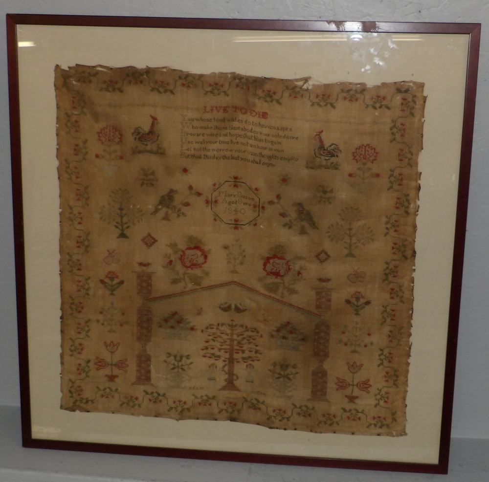 19th Century Multi-Colored Needlework Sampler by Mary Bisson Age 8 Dated 1840 (1 of 9)
