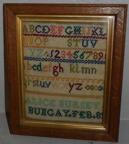 19th Century Needlework Sampler in Oak Frame by Alice Nursey Bumgay Dated 1889