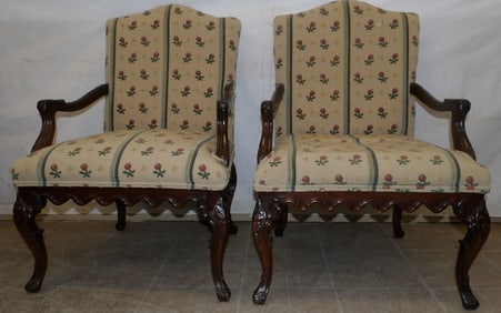 Pair of Carved Mahogany & Upholstered Arm Chairs
