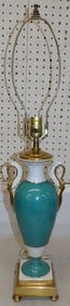 Painted Porcelain Urn with Swan Handles Made Into Lamp