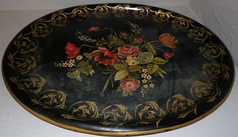 Antique Painted Tole Oval Serving Tray