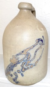 Antique One Gallon Blue Decorated Stoneware Jug with Bird Motif, (Utica, NY)