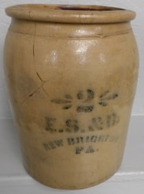Antique Two Gallon Stoneware Crock, (E.S.& B, New Brighton, PA), (Spiderweb Crack)