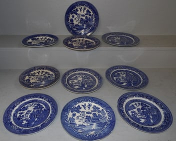 Ten Antique Blue Willow Porcelain Plates