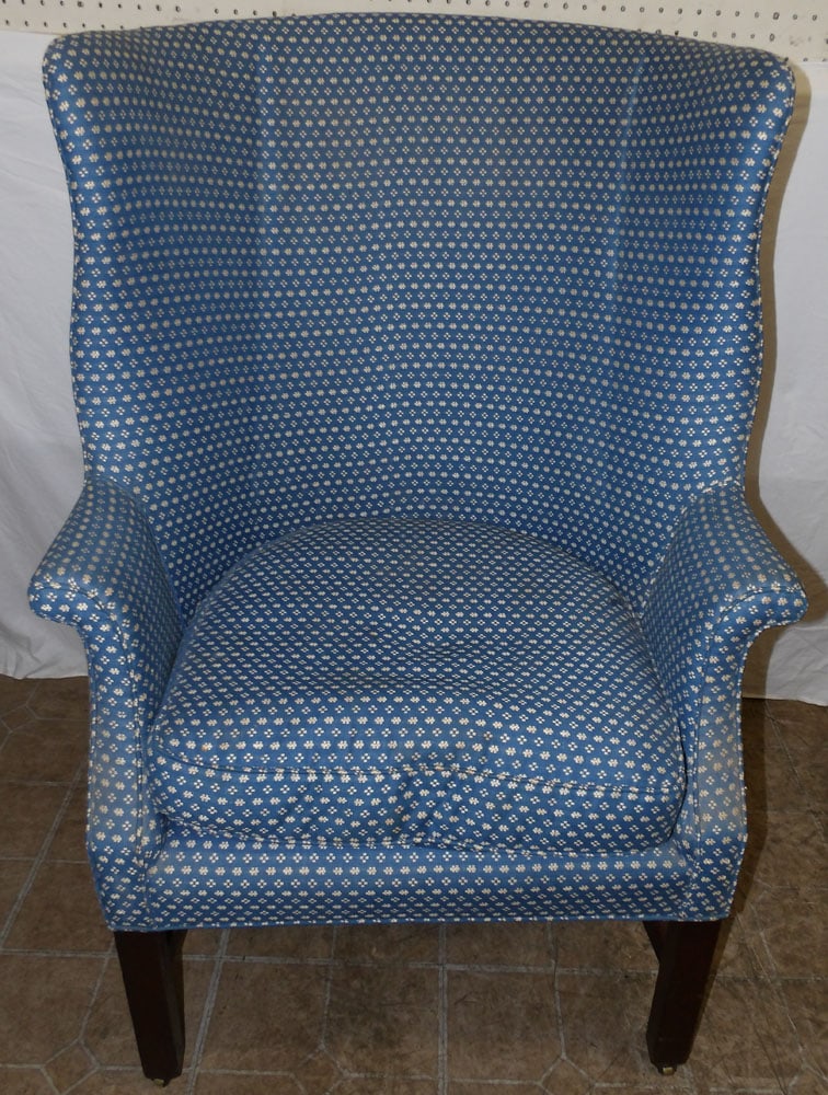 19th Century Mahogany Frame Upholstered Barrel Form Wing Back Chair on Brass Casters (1 of 4)