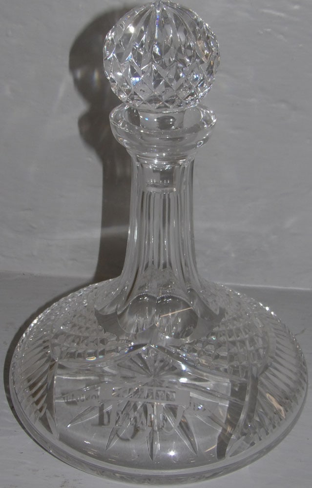Waterford Lismore Crystal Ship Cunard 150 Year Anniversary Decanter: Waterford Lismore Crystal Ship Cunard 150 Year Anniversary Decanter. "ALL DESCRIPTIONS AND ANY CONDITION STATEMENT GIVEN BY LANGSTON AUCTION GALLERY ARE STRICTLY OPINIONS AND LANGSTON'S SHALL HAVE NO 