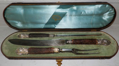 Antique Three Piece Sheffield Stag Handle & Silver Hallmark Mounted Carving Set, (Harrison Bros &