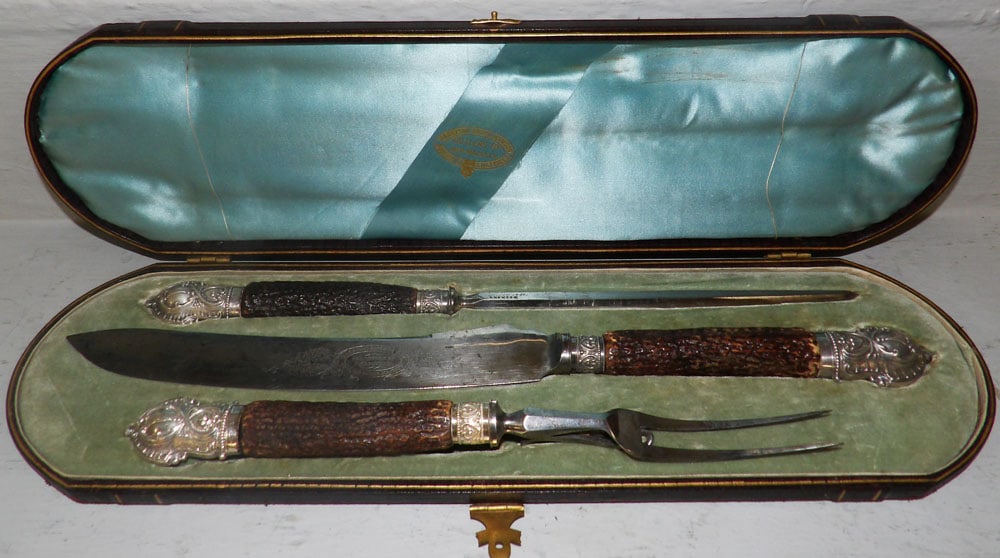 Antique Three Piece Sheffield Stag Handle & Silver Hallmark Mounted Carving Set, (Harrison Bros & (1 of 9)