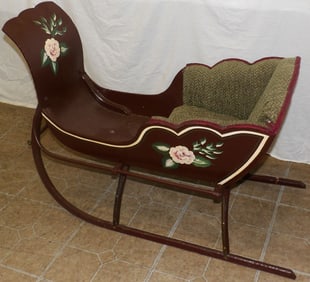 Antique Painted Child's Snow Sleigh with Floral Decorations