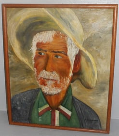 Mid Century Modern Oil on Canvas of Indigenous Man Artist Signed in Oak Frame