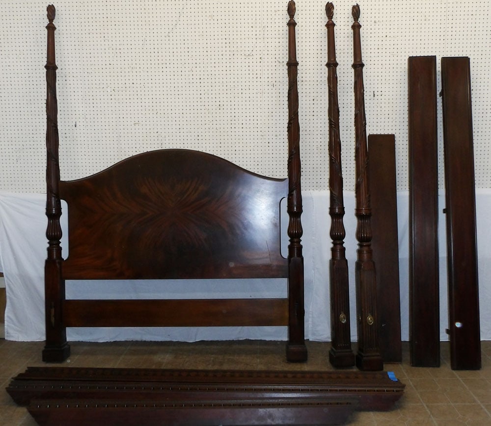 carved mahogany queen size four poster bed with rails by Henkel Harris, (missing part of canopy and (1 of 10)